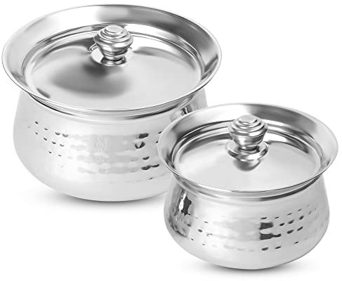 KSJONE Stainless Steel Biryani Handi Set | Premium Steel Hammered Finish Tope, Patila Handi | with Hammered Design, Tableware & Serveware for Home, Kitchen, Hotel & Restaurants (1.5 Quart & 2.5 Quart)