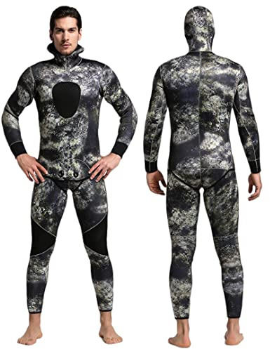 Herren 5 mm Tauchanzug Warmer Langarm-Badeanzug Zweiteiliger Dicker Quallenanzug Angelanzug Camouflage (Farbe: Grau-A, Größe: XXX-Large)