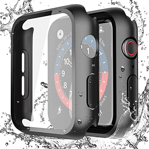 Misxi wasserdichte Schutzhülle für 44mm Apple Watch SE3/SE2/SE/Series 6/5/4 | 2 Stück Hard-PC Hülle, Gehärteter Glas Displayschutz, Stoßfeste Vollschutz und Kratzern, Ultradünn, Schwarz