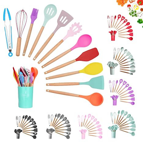 Faizee Möbel | 12-teiliges Silikon-Küchenhelfer-Set mit Holzgriff | Hitzebeständiges Kochbesteck | Küchenutensilien Set in bunten Farben | BPA-freies Küchenzubehör für Kochen & Backen