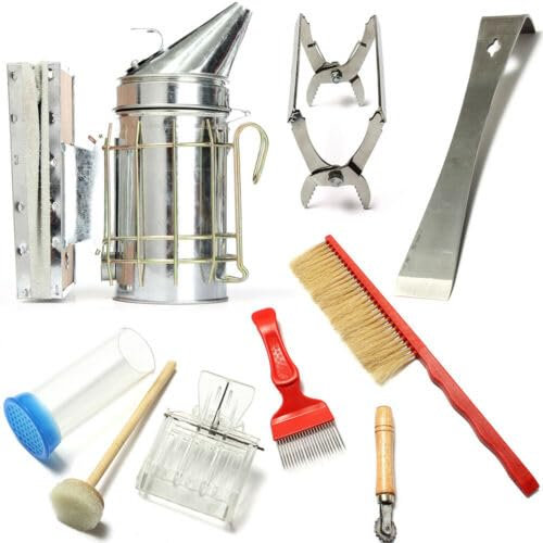 Imker Zubehör Set Bienenstock Beekeeping Supplies Premium Edelstahl-Smoker, Bienenbürste Multifunktionswerkzeug Einsteiger Set Imkereibedarf für Imker 8 Stück