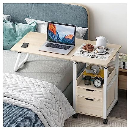 POCHY Betttische Modischer Überbetttisch, zusammenklappbarer Beistelltisch, Stahlrahmen mit Schublade, Überbettbett, höhenverstellbarer, rollender Laptoptisch luxuriös