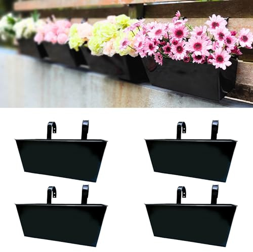 LaLaGreen Railing Planter (4 Pack, 14 Inch) Black Metal Rectangle Hanging Flower Pots Balcony Bucket Deck Rail Fence Trendy Long Strawberry Succulent Plant Holder Farmhouse Countryside Style Outside
