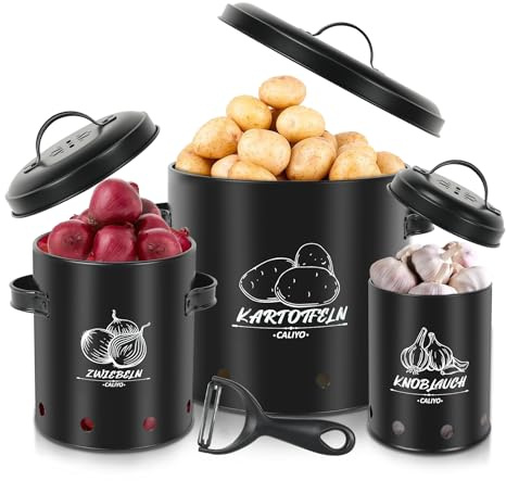 CALIYO Kartoffel Aufbewahrungsbox, Aufbewahrung Kartoffeln Zwiebeln Knoblauch 3 Set, Kartoffeln Küchenorganizer Vorratsbehälter, kartoffelbox Aufbewahrung Küche