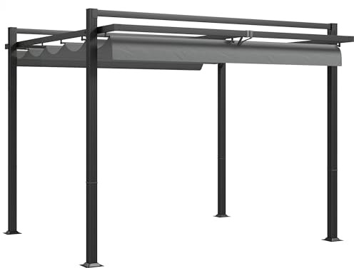 Outsunny 3 x 3(m) Pergola with Retractable Roof Canopy, Aluminium Frame Garden Gazebo Outdoor Sun Shade Shelter for Grill, Patio, Deck, Dark Grey