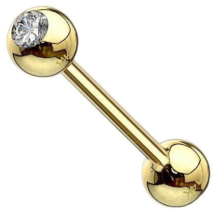 Taffstyle Barbell Stab Piercing Hantel Stecker Zungenpiercing Zunge Intim Brust Oral Ohr Tragus Helix Ohrpiercing Kugel mit Kristall Barbell 14 Karat Echt Gold 585 Stab Gelbgold | 1,6mm x 16mm x 5mm