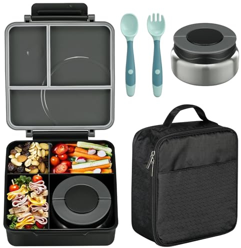 Bento Lunch Box Set for Kids with 8oz Soup Thermo, Leak-Proof Lunch Containers with 4 Compartment, Kids Thermo Hot Food Jar and Insulated Lunch Bag for Kid to School-Black
