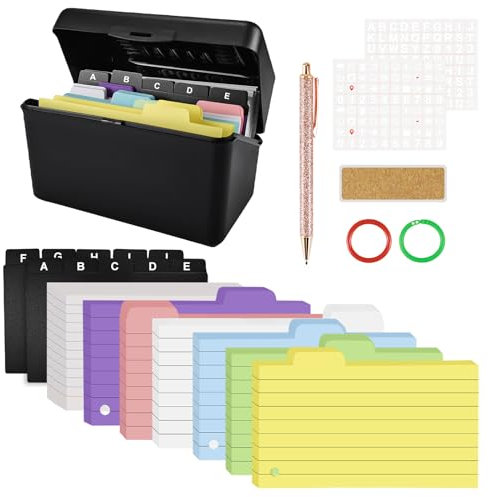 350 Karteikarten Box Schwarz, Karteikarten A7 Kasten, Karteikasten Multifunktion, mit 350 Karteikarten, Buchstabenaufkleber, 2 Loseblattkreise, 2 Kiefernetiketten, Stift,Sechs Farbige Haftnotizen