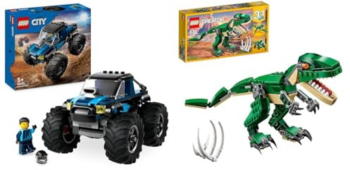 LEGO City Monster Truck Blu, Giocattolo Fuoristrada Off-Road da Costruire & Creator Dinosauro, Set Animali Giocattolo 3 in 1 per Costruire, Giochi per Bambini, Bambine