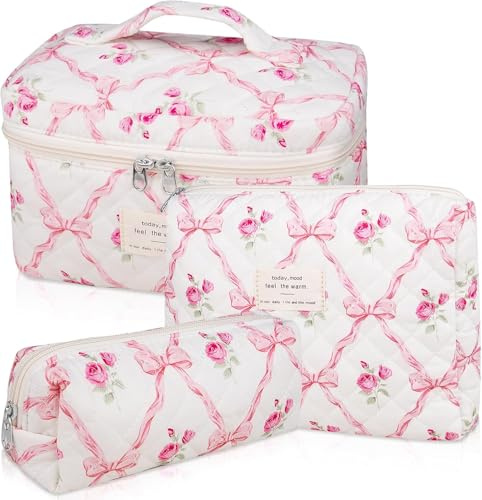 GSenhui 3 Stück Kosmetiktasche Damen Reise, Make up Bag Aesthetic Gesteppte Kulturtasche mit Blumen Muster,Schminktasche Kulturbeutel Set Cosmetic Bag Cute für Frauen Mädchen