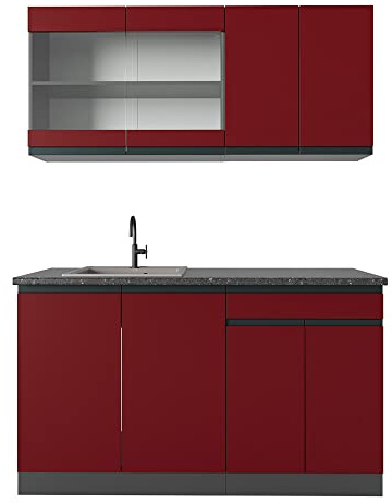 Vicco Singleküche R-Line, Rot, 140 cm | 4 Module · Höhenverstellbare Füße · AP Anthrazit inkl. · Robuste Fronten · Mit Glasschrank · Frei kombinierbar