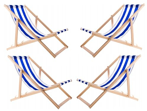 WOODOK 4-er Liegestuhl Set aus Buchenholz Strandstuhl Sonnenliege Gartenliege für Strand, Garten, Balkon und Terrasse Liege Klappbar bis 120kg (Blaue Streifen)