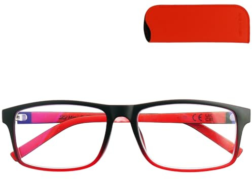 Blaufilterbrille Flex Schwarz-Rot in L und XL mit UV-Schutz und Etui | UV-Schutz, Bügel, L und XL Größe, 0.0 bis +2.5 Dioptrien und orangefarbenes Etui