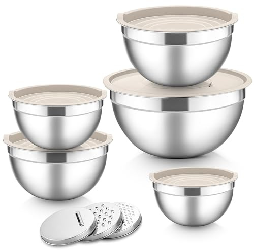 Herogo blandningsskål set om 5 kaki, rostfria skålar med lufttäta lock, metallsalladsskål med 3 rivtillbehör för förberedelse/bakning/servering/blandning, diskmaskinssäker