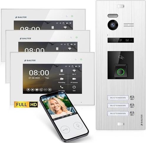 Balter EVO-HD Video Türsprechanlage mit Fingerprint, Video Türklingel, Smartphone App, 3 Familienhaus, 3X 7 Zoll Monitore, Türklingel mit Kamera Full HD, 2 Draht Bus, 175° Weitwinkel, RFID,1080P