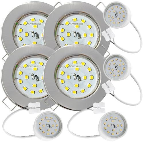 4er Set Flache SMD LED Modul Einbaustrahler | Farbe Edelstahl gebürstet | 5W | 230V | Starr | Klemmring | LED Spots für die Decke mit wenig Einbautiefe | Wohnzimmer | Küche | Schlafzimmer usw.