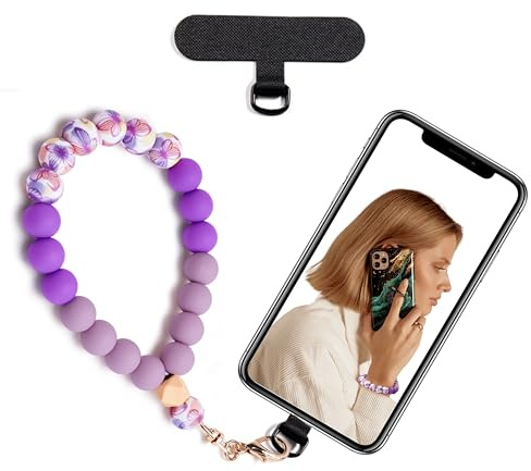 Lostars Silicone Beaded Phone Wrist Strap,phone bracelet strap with Tether Tab,Elastic Hands-Free wristlet strap (Purple)