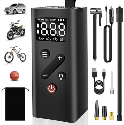 GZhaizhuan Compresor de aire portátil 150 PSI 5000 mAh Inflador neumáticos de coche, bomba de aire eléctrica con pantalla digital, luz LED y cable de 12 V CC para coche, motocicleta, bicicleta, bolas