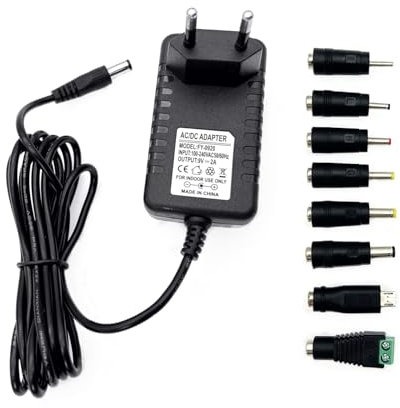 JZK Adattatore da 9 V AC a DC con 8 adattatori a spina DC, alimentatore da 9 V 2 A, 9 Volt 2 Ampere, cavo di ricarica DC, adattatore inverter, trasformatore per stampante, telecamera CCTV