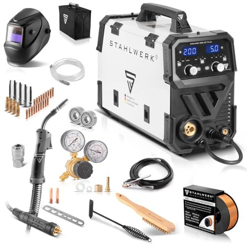 STAHLWERK Soldadora combinada MIG MAG 200 ST PLUS - totalmente equipada - Máquina de soldar gas de protección, inversor IGBT, 200 A, alimentación de hilo sinérgica, FLUX, Lift-TIG y MMA, ARC