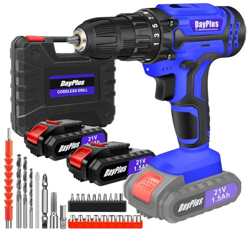 Akkuschrauber，Akku Bohrschrauber Set 21V,mit 2 * 1500mAh Akku & Schnellladegerät,45NmLeistungsstarke Motoren,25+1 Drehmomentstufen,2-Gang & LED, 26PCS Zubehöre Set für Haus und Garten DIY Projekt