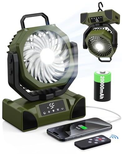 Richday Ventilateur de Camping 20000mAh avec LED, Minuterie, Télécommande & Tactile, Oscillation Automatique, jusqu’à 69h, Ventilateur USB Rechargeable pour Tente, Bureau, Plage, Pêche