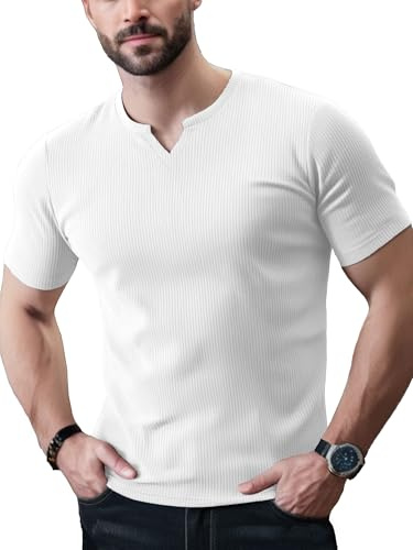 Yewloch Kortärmad och långärmad tröja med V-ringning, sport casual t-shirt, slim fit bastoppar, stretch muskelskjortor, affärsundertröjor, A-vit, M