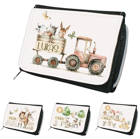 wolga-kreativ Kindergeldbeutel mit Namen Bauernhof – Traktor Portemonnaie Kinder Jungen Mädchen – personalisierte Geschenke – Kinderportmonee mit Tieren, Pferd, Kuh, Huhn