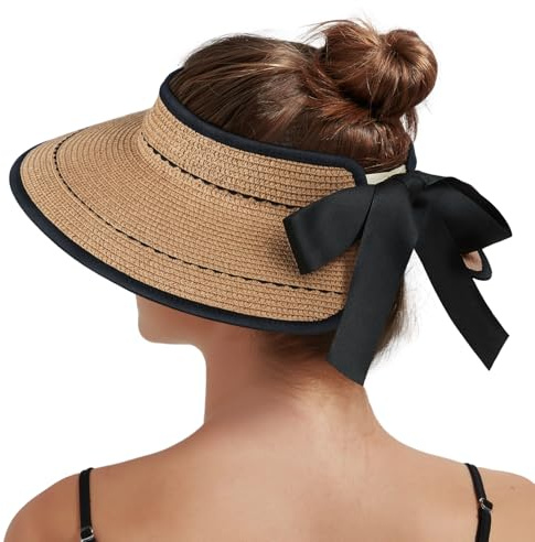 Creekstone Sun Visor Hats for Women Straw Visor Wide Brim UV Protection Packable Summer Beach Hat Ponytail Travel UPF 50+ (UK, Alpha, One Size, Khaki with Lace)