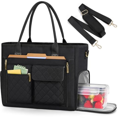RAINSMORE Teacher Tote Bag with Insulated Lunch Compartment 15.6 inch Laptop Bag for Women Lightweight Work Bags Nurse Bags Professional Briefcase Computer Handbag for Office, College, Nursing, Black