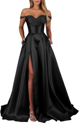 Schulterfreies Satin Lange Ballkleider für Damen Schlitz mit Taschen Abendkleider A-Linie Elegant Lang Brautjungfer Kleid