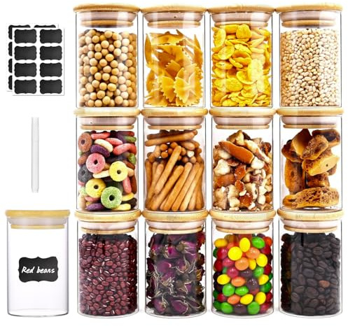 Ayrirel Glass Jars with Bamboo Lids, 12Pcs 300ML Airtight Kitchen Borosilicate Glass Storage Jars Spice Containers For Herbs Sugar Nuts Candy Tea Coffee Beans