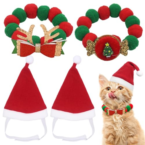 4 Stück Weihnachtskostüm für Katzen, Weihnachtsmütze Katze, Katzenbekleidung, Haustier Kostüm Weihnachten Halsband Katze Weihnachtsmannmütze Weihnachtskostüm Geschenk für Katzen Hunde Welpen