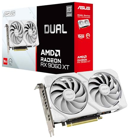 ASUS Dual Radeon RX9060XT 16G GDDR6 White Gaming Grafikkarte (AMD Radeon RX9060XT, AMD RDNA 4 Architektur, 2,5-Slot Design, DUAL BIOS, PCIe 5.0, 1x HMDI 2.1b, 2X DisplayPort 2.1a, weiß)