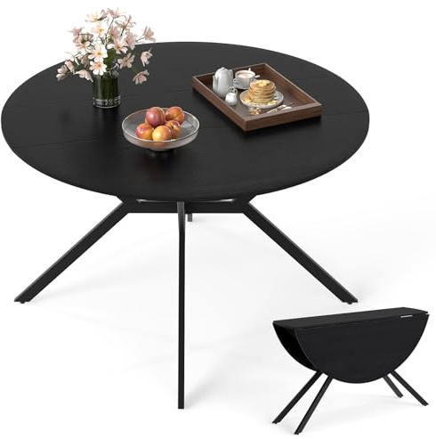 COSTWAY Folding Dining Table for 4-6, 120cm Extendable Round Drop Leaf Table, Space Saving Metal Frame Dinner Table Furniture for Home Kitchen Dining Room Office (Black)