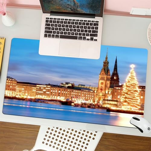 QRFASFZO Großer Mauspad - 80x30cm Gaming-Mauspad mit genähten Kanten, Nicht rutschender Unterlage,Hamburg Deutschland Rathaus mit beleuchtetem Weihnachtsbaum,Schreibtischmatte und Maus