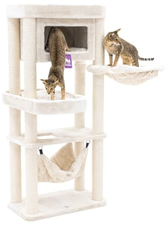 Petrebels Mansion klösträd 150 cm hög, med hängmatta, sovgrotta och XL soffa, för medelstora katter, färg beige/grädde