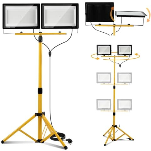 ISOISL LED Baustrahler mit Stativ, 200W 20000 lm, 160 cm, 2 Leuchten | 2 LED-Strahler, 6500 K Kaltweiß, 3 m Kabel mit EU-Stecker, 110° Abstrahlwinkel, IP66, für große Arbeitsbereiche