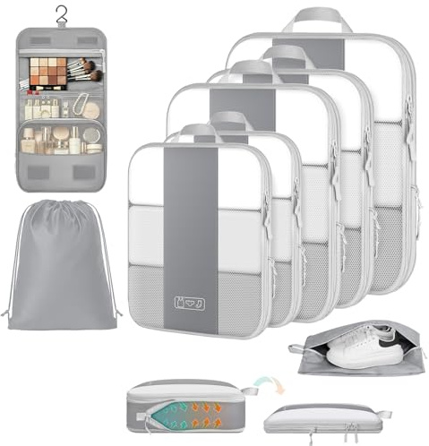 Organisateur Valise 8 Pièces – Sac de Compression Voyage en Polyester Premium, Cubes de Rangement Compressibles avec Sac de Toilette Suspendu, Sac à Chaussures et Sac à Linge, Accessoires Voyage