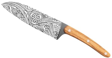 deejo - Sankai Messer Vollerl - Genieteter Olivenholzgriff, Motiv Triskell - Klinge aus Edelstahl X50CRMOV15, Titan-Finish Anthrazitgrau