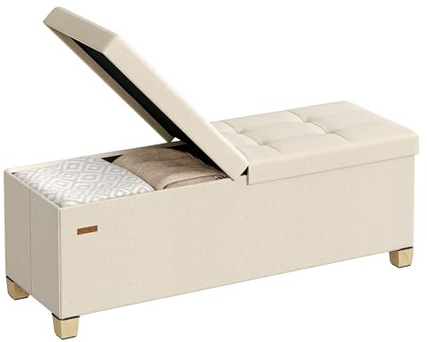 SONGMICS Sitzbank mit Stauraum, faltbar, Klappdeckel, 110 cm | Bettbank, Sitztruhe mit Füßen, Leinenoptik, Wohnzimmer, Schlafzimmer, Flur, hellbeige, MELISA Kollektion LSF079LF01