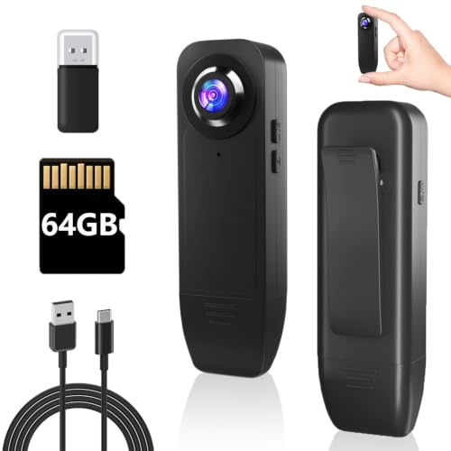 Bextgoo Body Cam, 1080P Bodycam, Mini Telecamera Spia senza Wifi 64 GB | Bodycam con scheda 64 GB Preinstallata Batteria Lunga Durata da 1000 mAh, Grandangolo da 160° Movimento e Visione Nottu