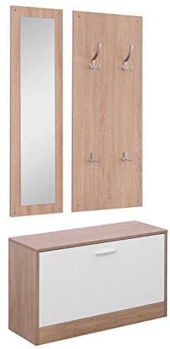 HOMCOM Set Mobili Ingresso 3 Pezzi con Panca Scarpiera, Appendiabiti a Muro e Specchio, Guardaroba da Camera e Corridoio in Legno, 80x27x46.5 cm Color legno e Bianco