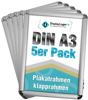 DisplayLager - 5'er Sparpack Silber DIN A3 Rondo Klapprahmen mit 25mm Aluminium Profil, Entspiegelter Schutzscheibe, Befestigungsmaterial
