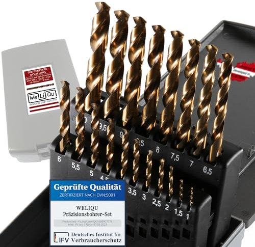 WeLiQu® Set di punte elicoidali per trapano HSS-E M35 Cobalt, 19 pezzi, passo da 1-10 mm, passo da 0,5 mm, autocentranti, DIN 338, tipo N, 135°, per acciaio fino a 1.000 N/mm², V2A CrNi Bronzo Ghisa