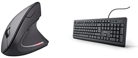 Trust Verto Mouse Verticale Wireless, Mouse Ergonomico senza Filo, 800/1200/1600 DPI, Microricevitore USB, 2.4GHz, 6 Pulsanti per PC, Computer, Portatile, Mac - Nero & Taro Tastiera USB Cablata