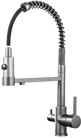 PLUSSEN Robinet d'eau potable 3 voies en acier inoxydable, rotatif à 360 °, robinet de cuisine 3 en 1 pour filtre à eau, robinet d'évier haute pression pour cuisine (19-Grigio)