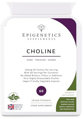 Choline 220mg | 100% Pure & Natural Choline Bitartrate | 60 Vegan Friendly Capsules UK Made | 1 Capsule Daily (2 Month Supply)