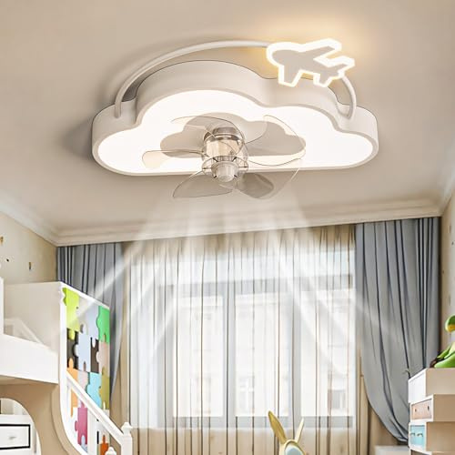 Caufloce Niño Lampara De Techo Con Ventilador Reversible Dc Regulable Ventilador De Techo Con Luz 6 Velocidades Ceiling Fan with Light and Remote Control Para Cuarto De Niños-White Clouds