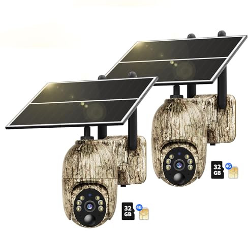 NUASI 4G Camara Vigilancia Exterior con Tarjeta SIM【2 Unidad】, 2K 360° Inalámbrico Solar Cámara con Visión Nocturna Color, Detección de Movimiento, Audio Bidireccional, IP66, Tarjeta de Memoria 32GB